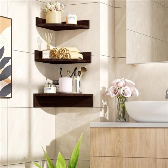 Corner Shelf, Set of 3 Floating Shelves, Rustic Wood Shelves (Dark Brown) - Picture 3 of 5